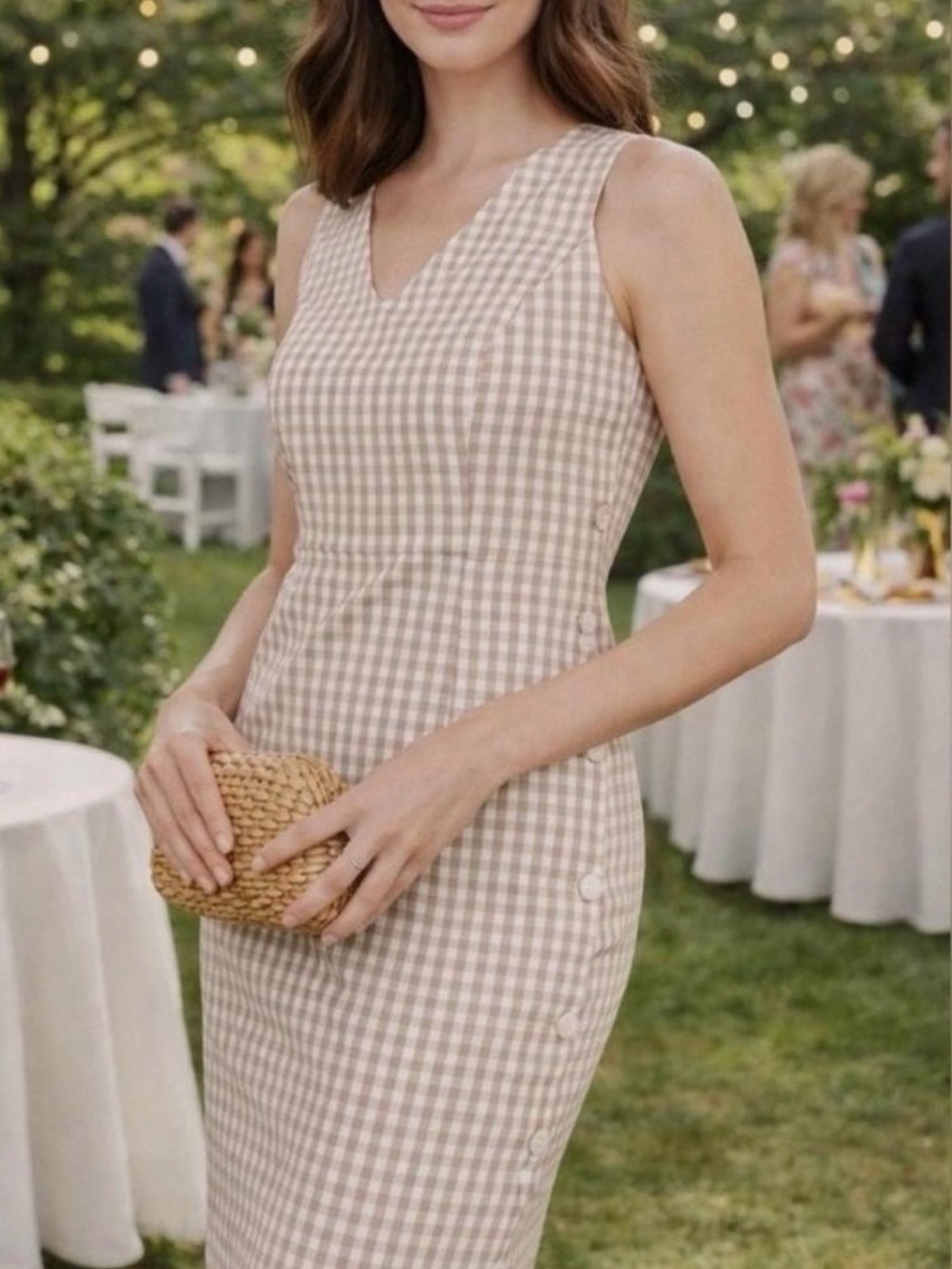J. McLaughlin Sleeveless Beige And White Gingham Sheath Dress With Pearl Buttons